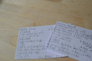Easy Chocolate Chip Banana Bread with Ginger and Walnuts Recipe Cards as Handwriting work
